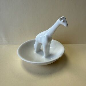 White Ceramic Standing Giraffe Ring Holder Trinket Tray Unmarked,